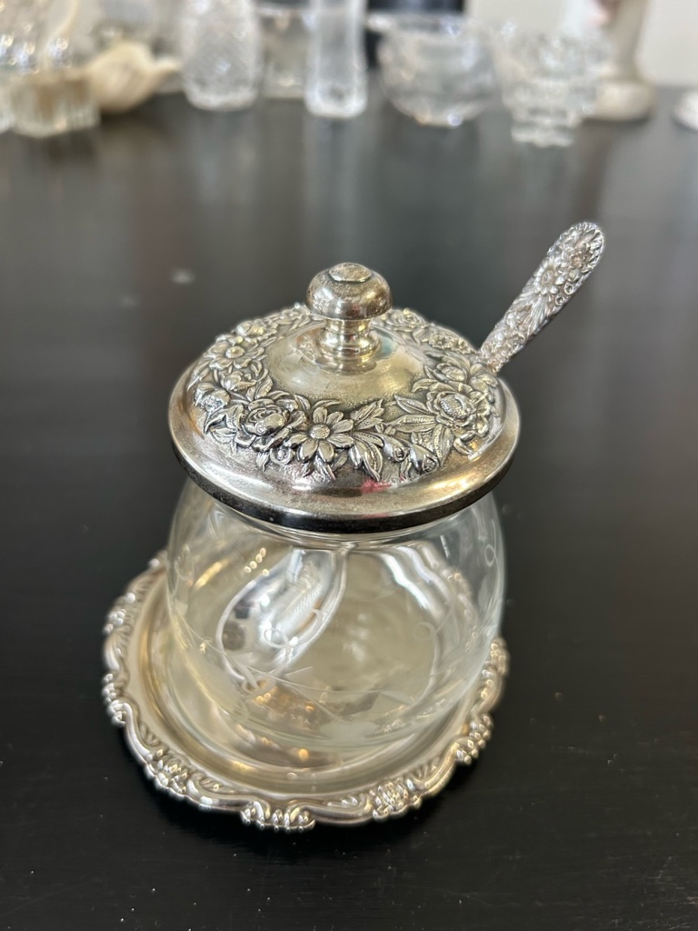 S. Kirk and sons sterling silver “Repousse” etched glass jelly jar 1924